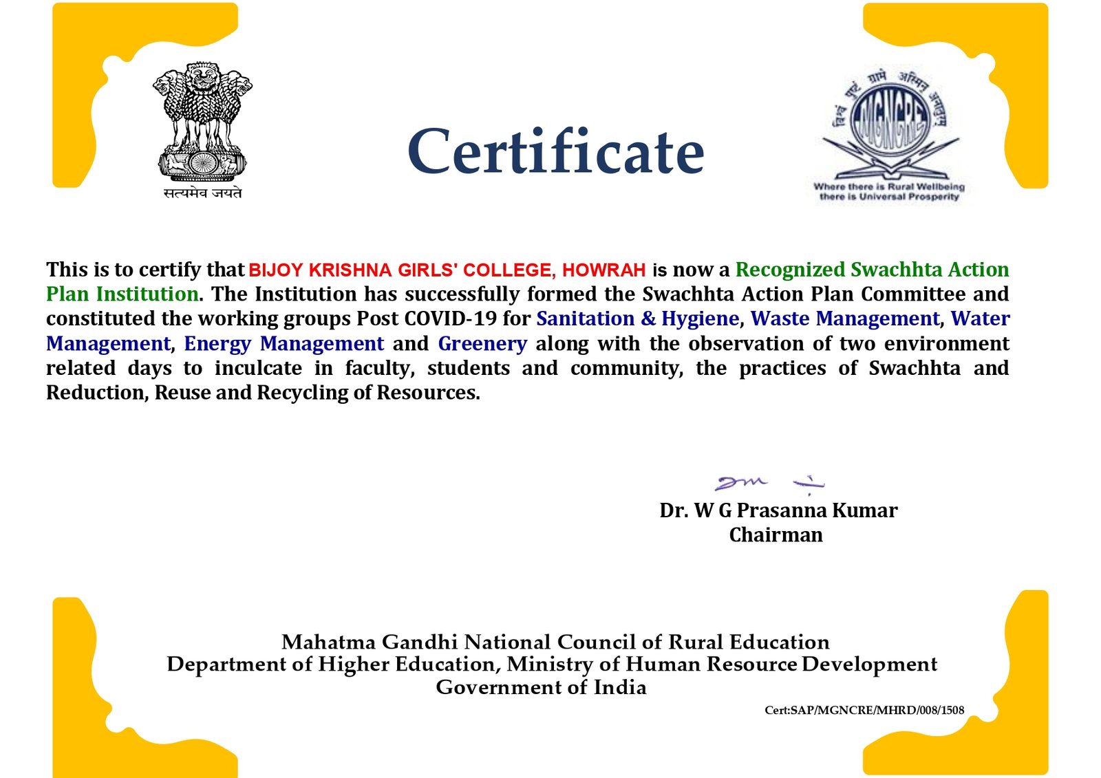 NAAC B++ Accreditation Certificate - Bijoy Krishna Girls' College Third Cycle Assessment 2021